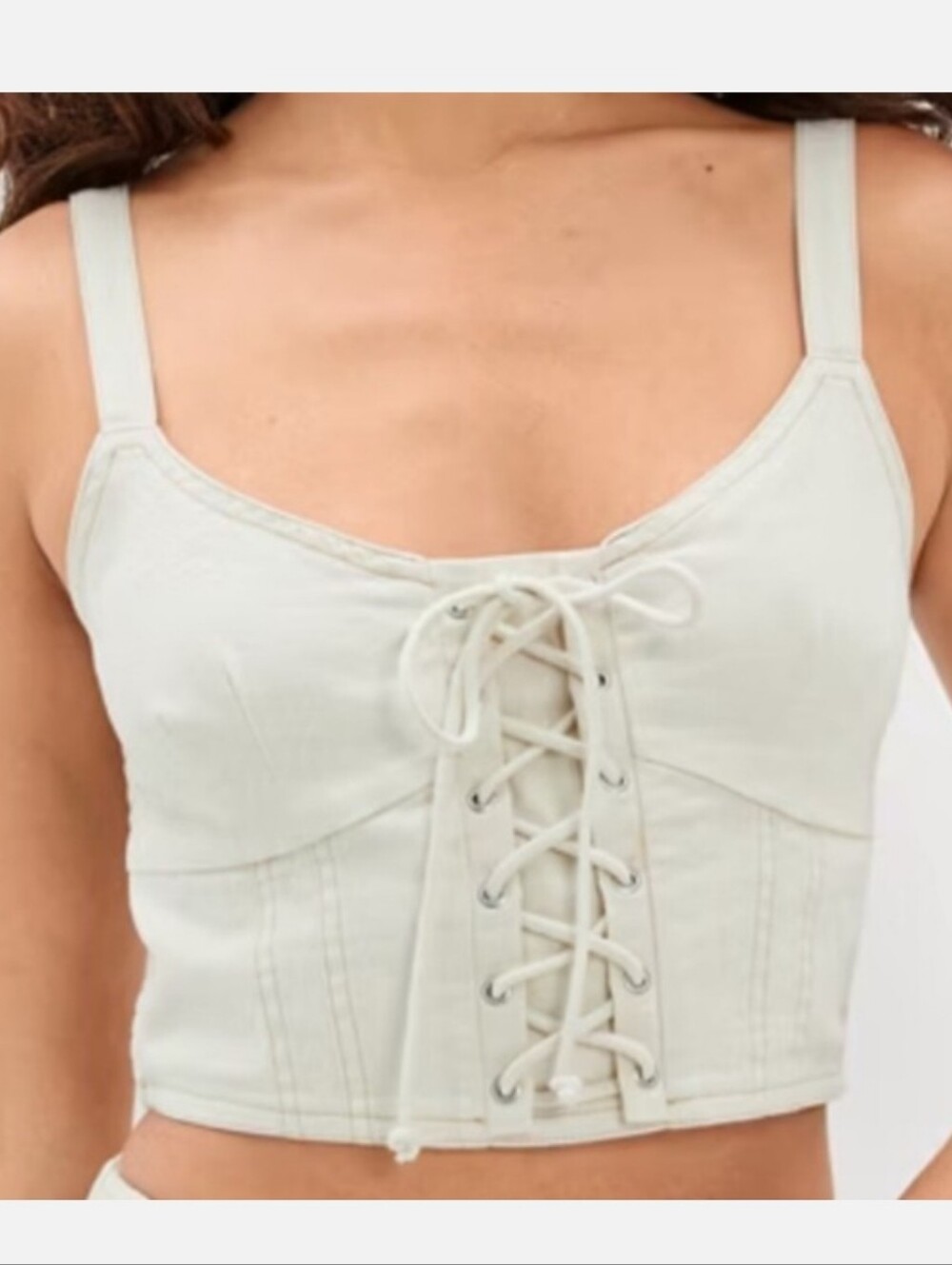 American Eagle Cream Denim Smocked Back Front Corset Lace Up Cropped Tank Top